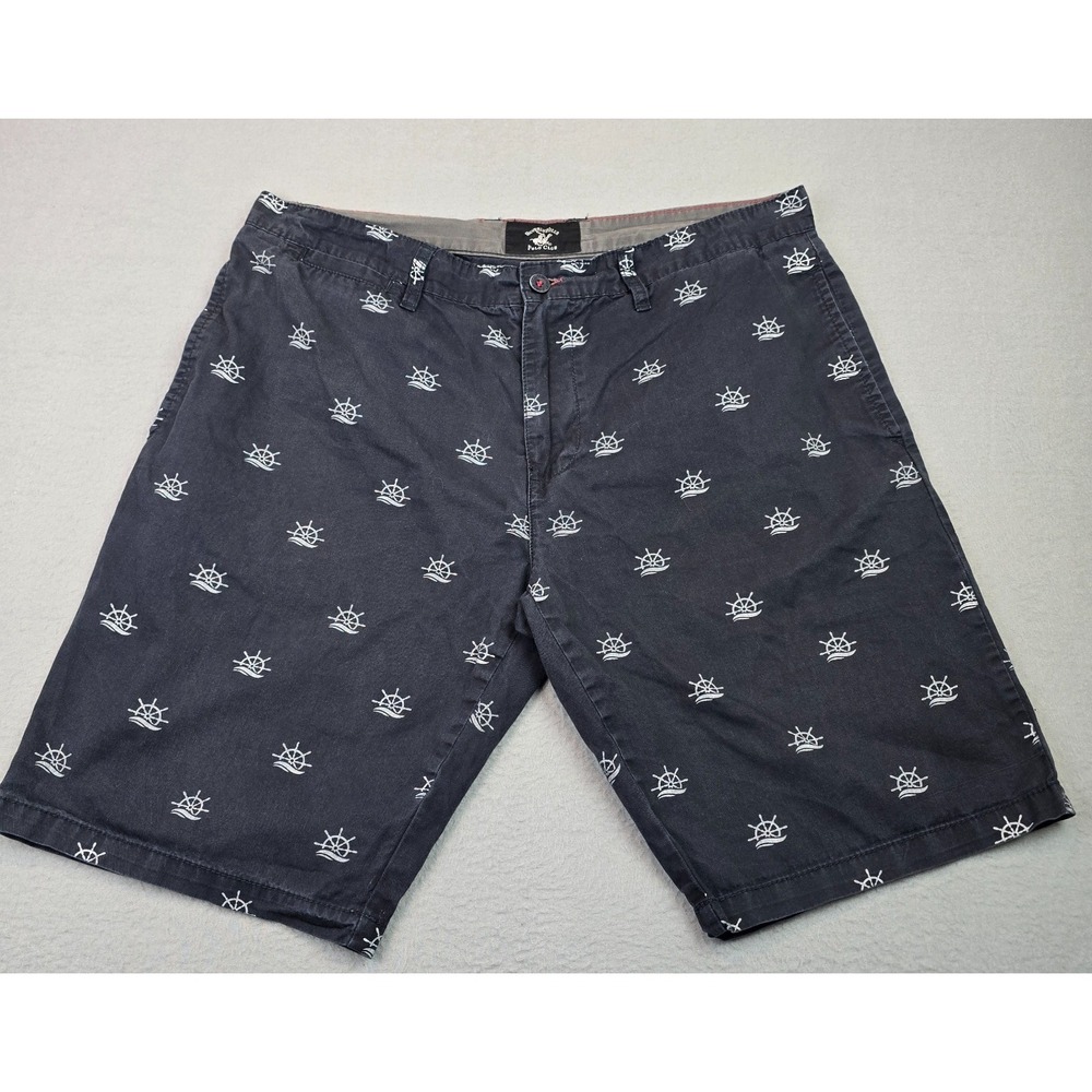 Beverly Hills Polo Club Nautical Wheel Print Chino Shorts Size 34 Navy Cotton